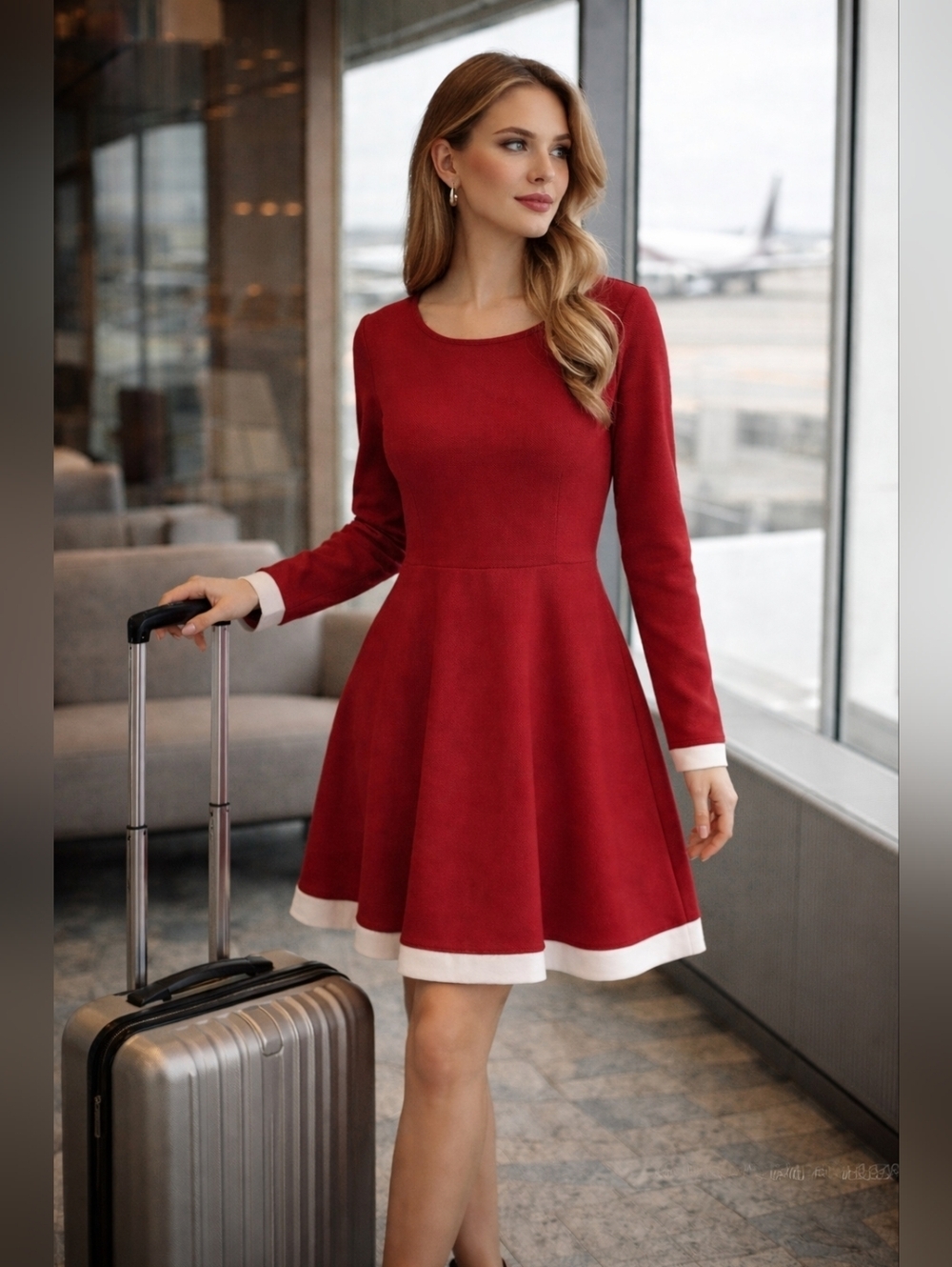 Red Skater Dress Long Sleeve Contrast Trim Fit & Flare Mini Size 8